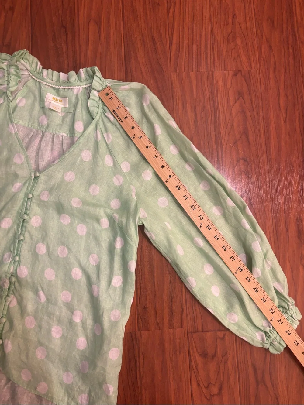 Maeve Anthropologie Audie Linen Puff Sleeve Blouse Lime Green White Dot Medium